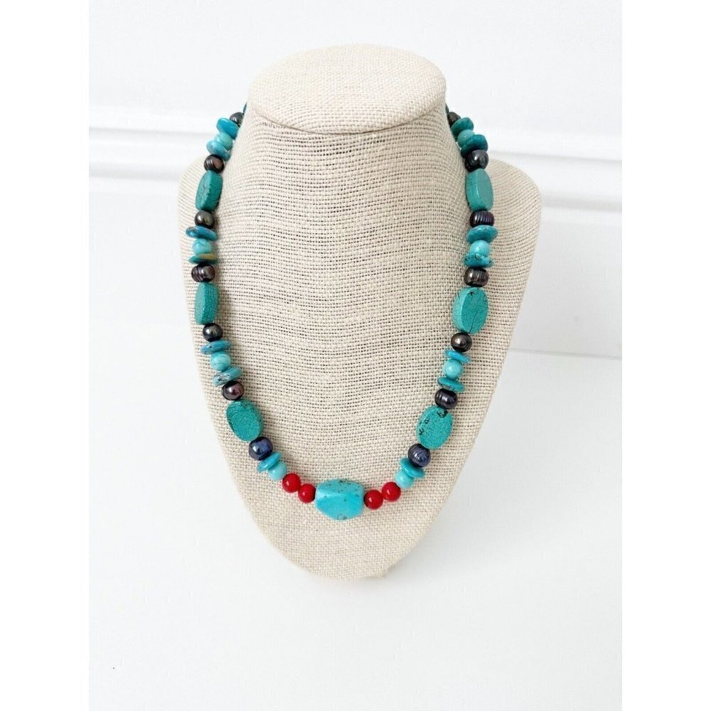 NWT Genuine Turquoise, Red Turquiose & Black Pearls Necklace Beaded